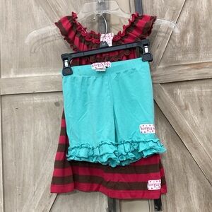 RUFFLE GIRL Two pieces Set Red and Brown Striped Top with Blue Shorts 
SIZE 5